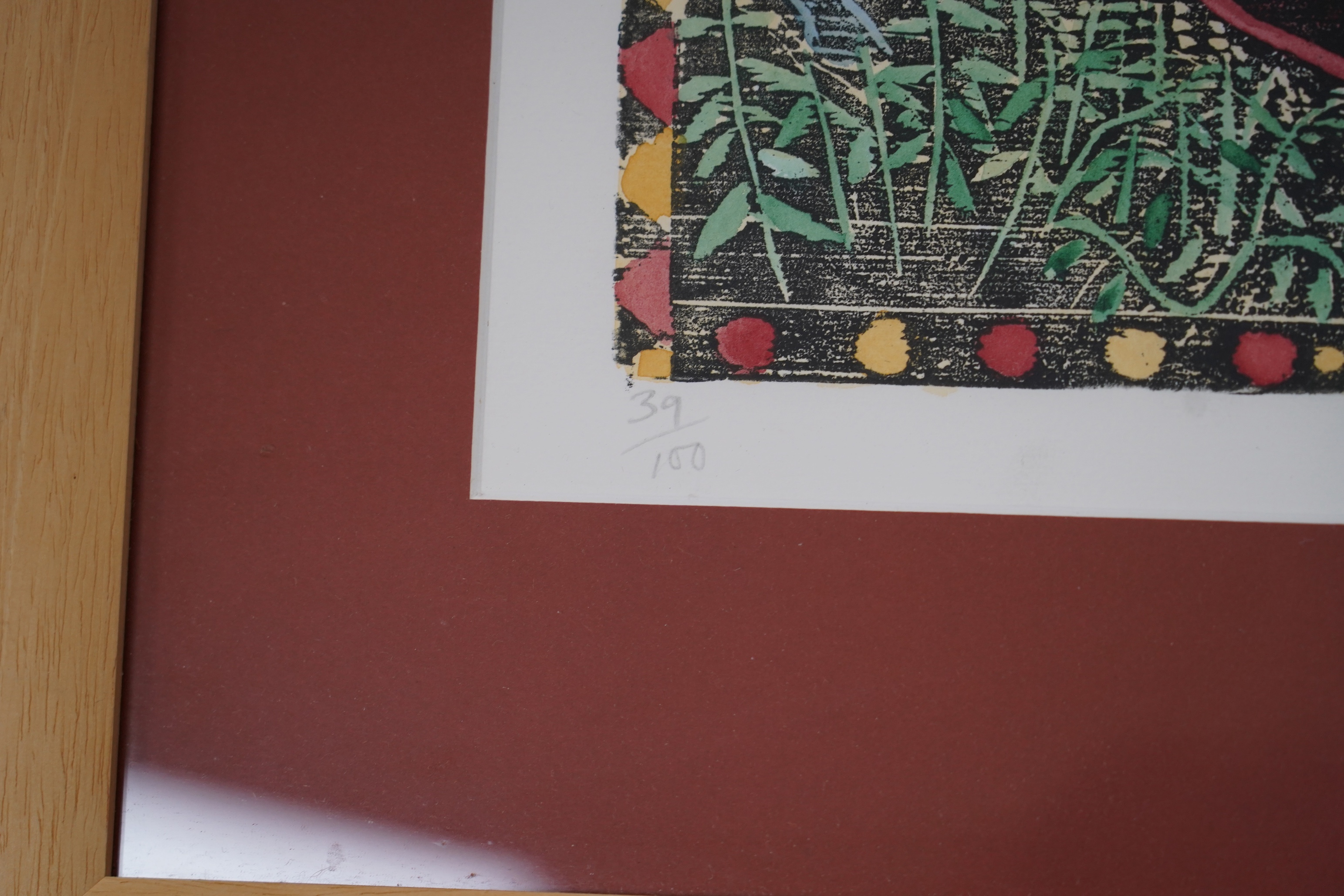 Emily Smith Polyblank, linocut, 'It's an animals life', signed in pencil, limited edition 39/100, 26 x 70cm